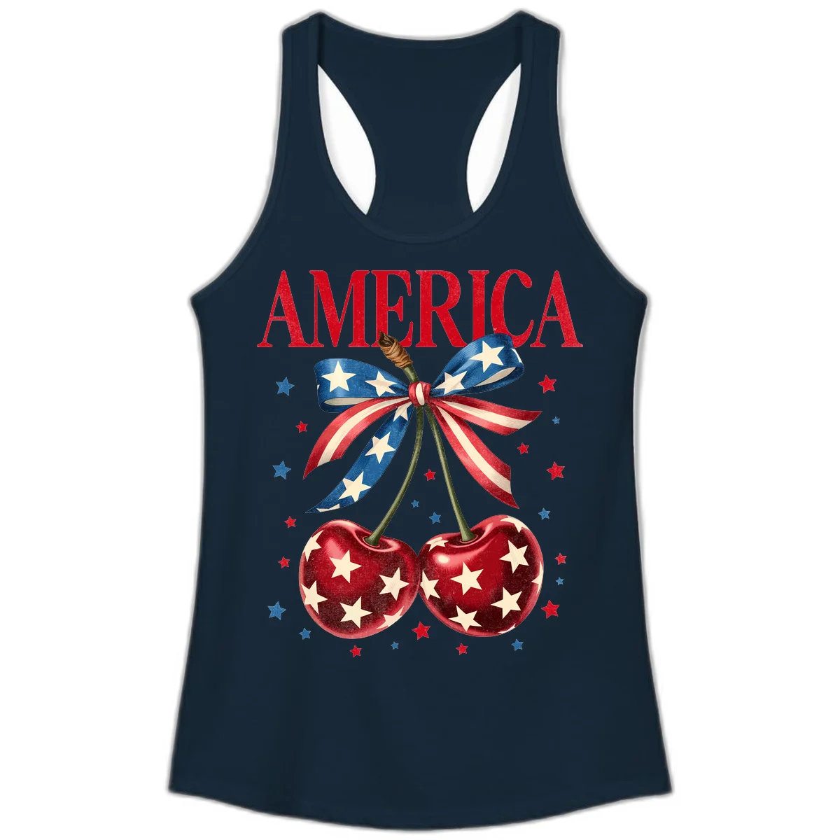 America Cherries and Stars Ladies Tank in Solid Midnight Navy