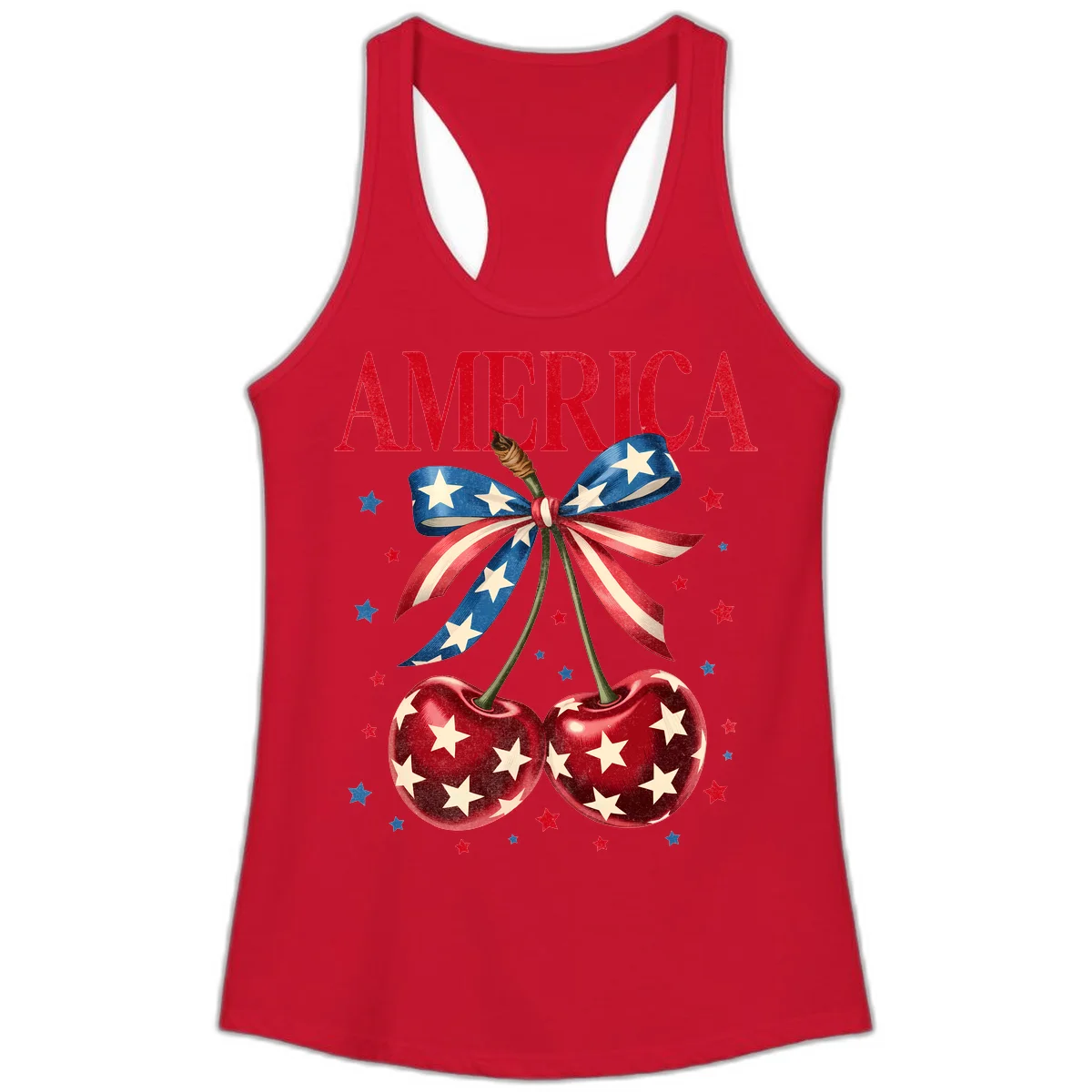 America Cherries and Stars Ladies Tank in Solid Red