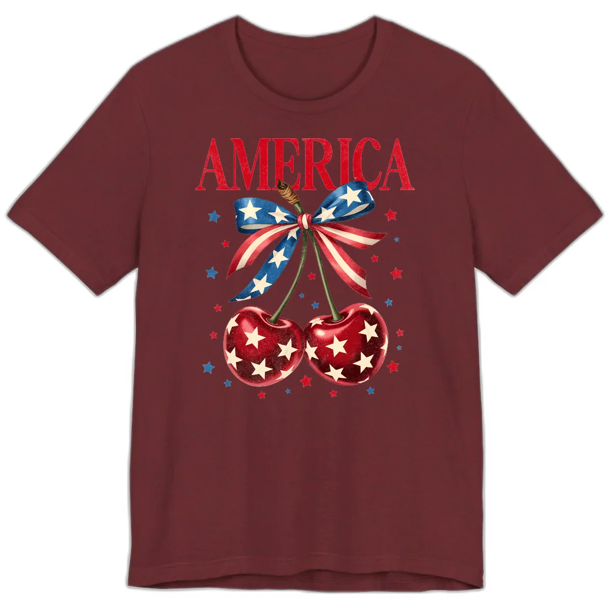 America Cherries and Stars Patriotic Ribbon Premium T-Shirt in Heather Cardinal