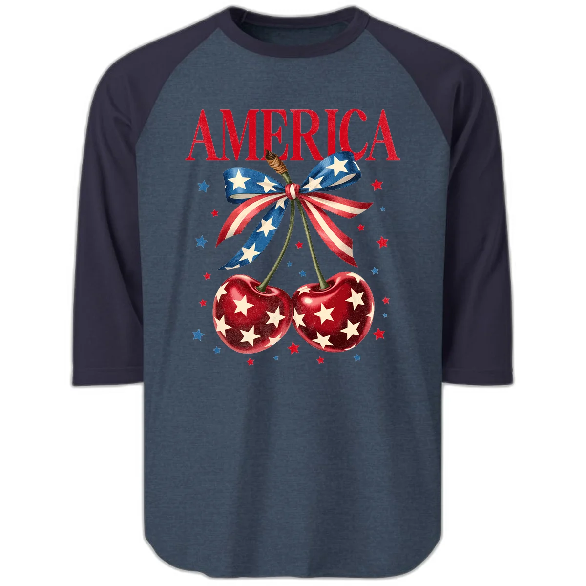 America Cherries and Stars Raglan 3/4 in Heather Denim Navy