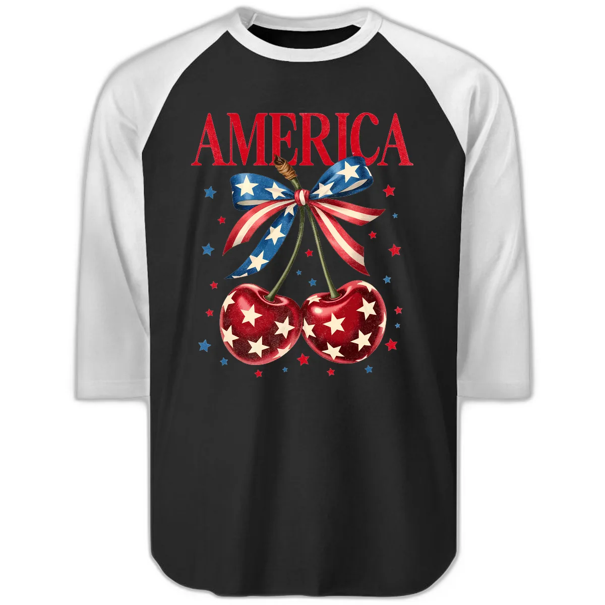 America Cherries and Stars Patriotic Ribbon Raglan 3/4 in Black White