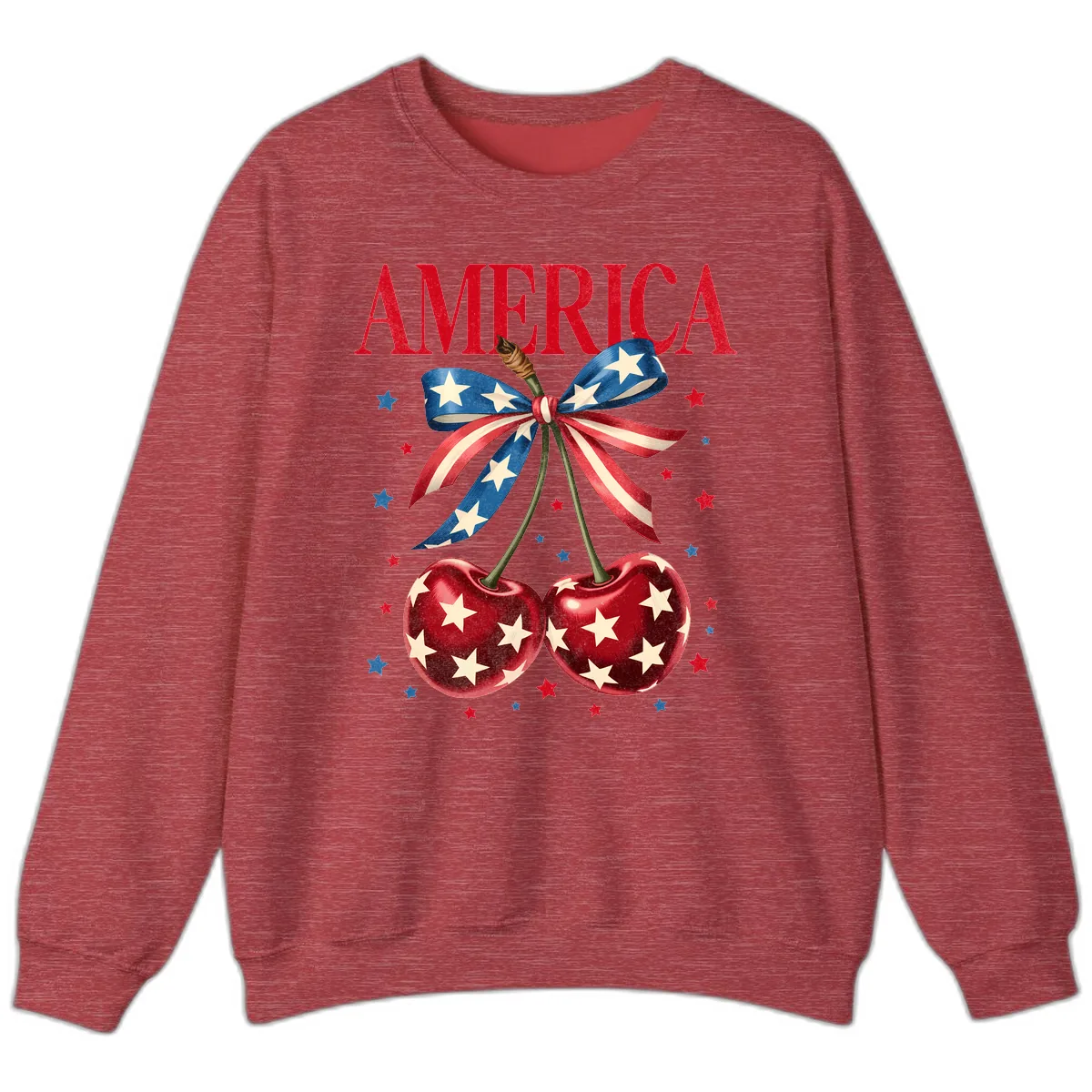 America Cherries and Stars Patriotic Ribbon Sweatshirt in Heather Scarlet Red
