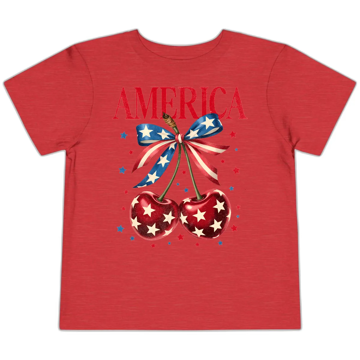 America Cherries and Stars Patriotic Ribbon Toddler T-Shirt in Heather Red