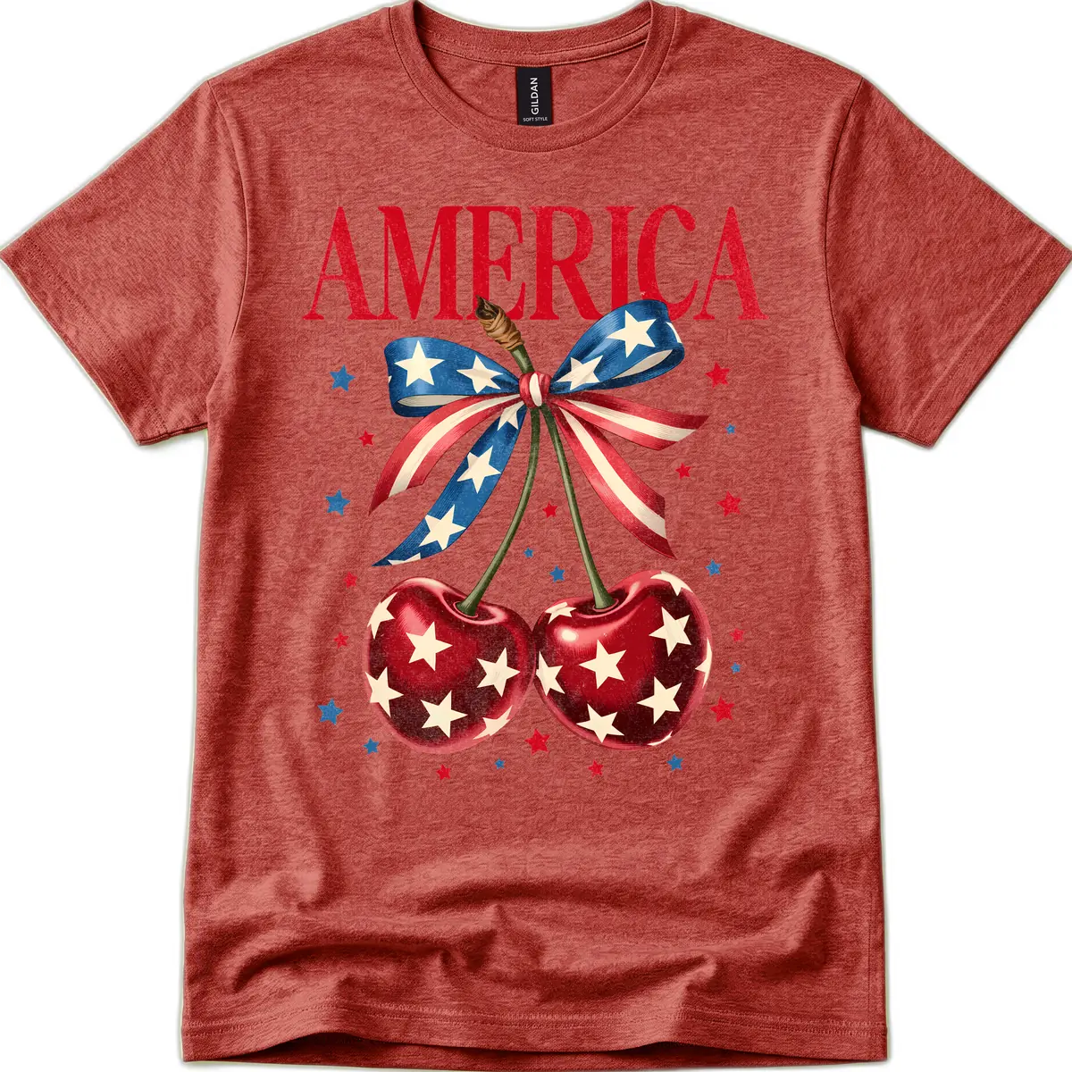 America Cherries and Stars Patriotic Ribbon T-Shirt in Heather Cardinal