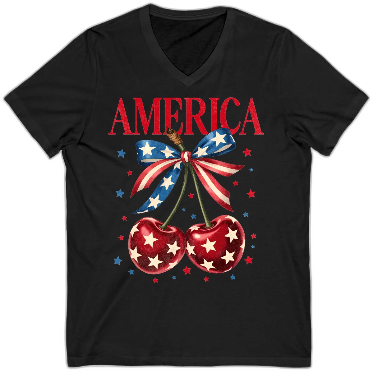 America Cherries and Stars V-Neck in Black