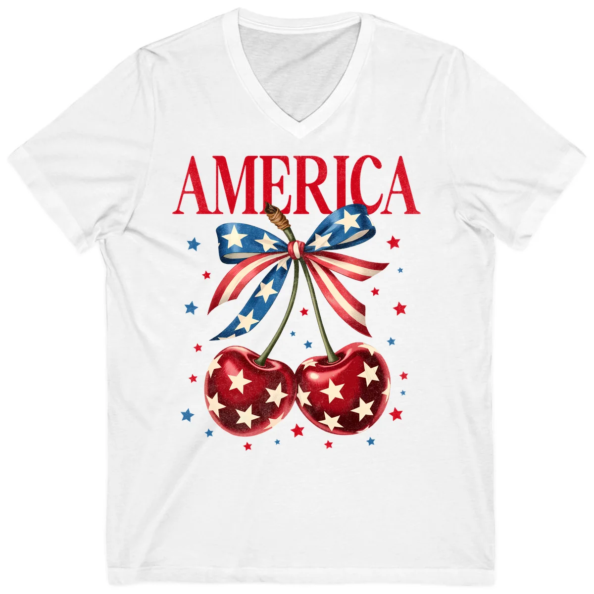 America Cherries and Stars V-Neck in White