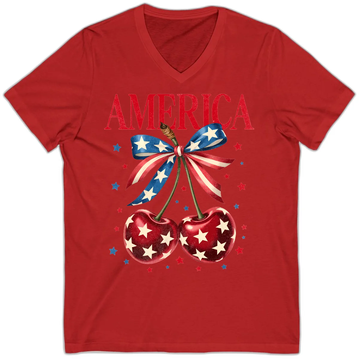 America Cherries and Stars V-Neck in Red