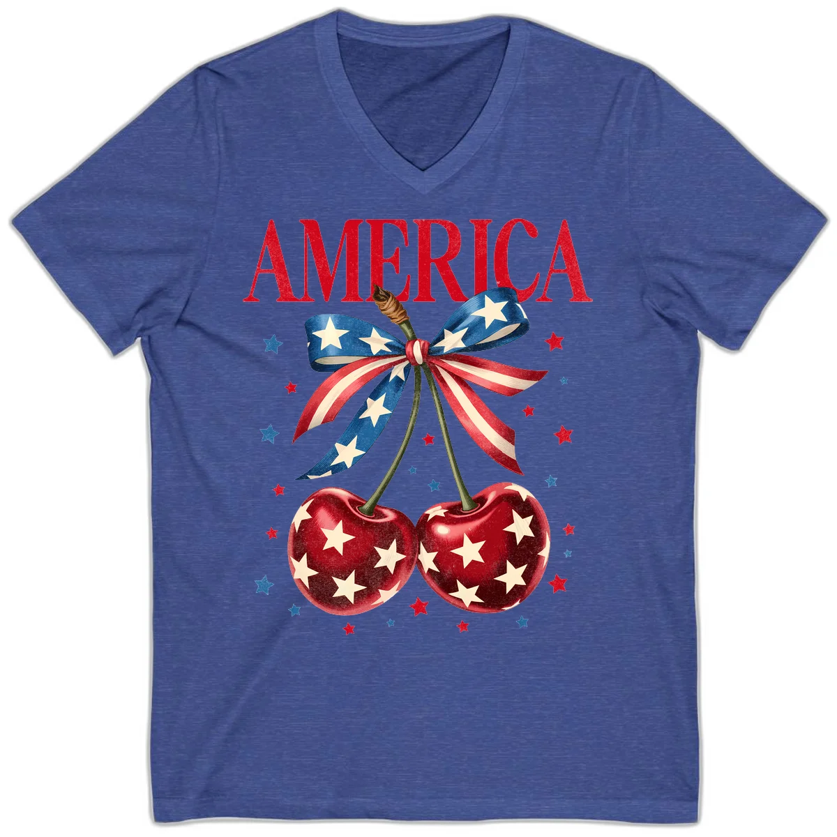 America Cherries and Stars V-Neck in Heather True Royal