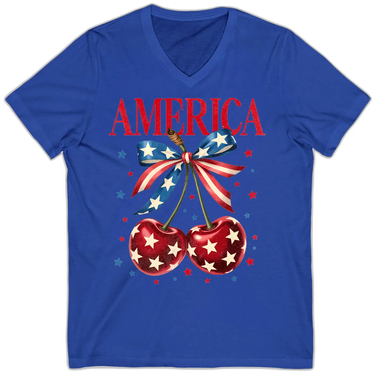 America Cherries and Stars V-Neck in True Royal