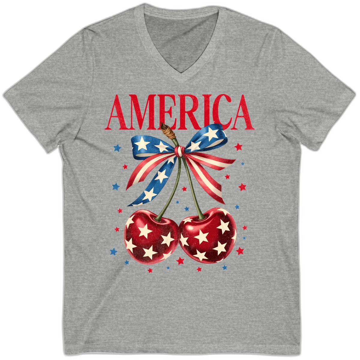 America Cherries and Stars V-Neck in Athletic Heather