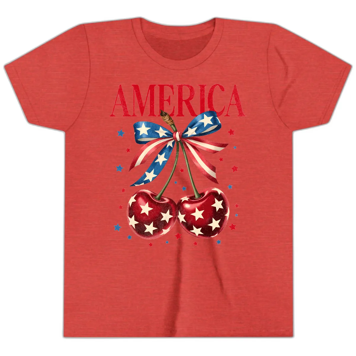 America Cherries and Stars Patriotic Ribbon Youth T-Shirt in Heather Red