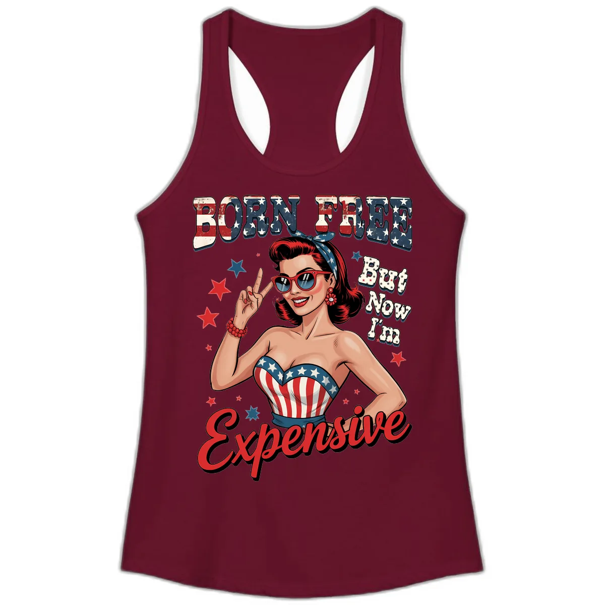 Born Free But Now I'm Expensive Pin-Up Ladies Tank in Solid Cardinal Red