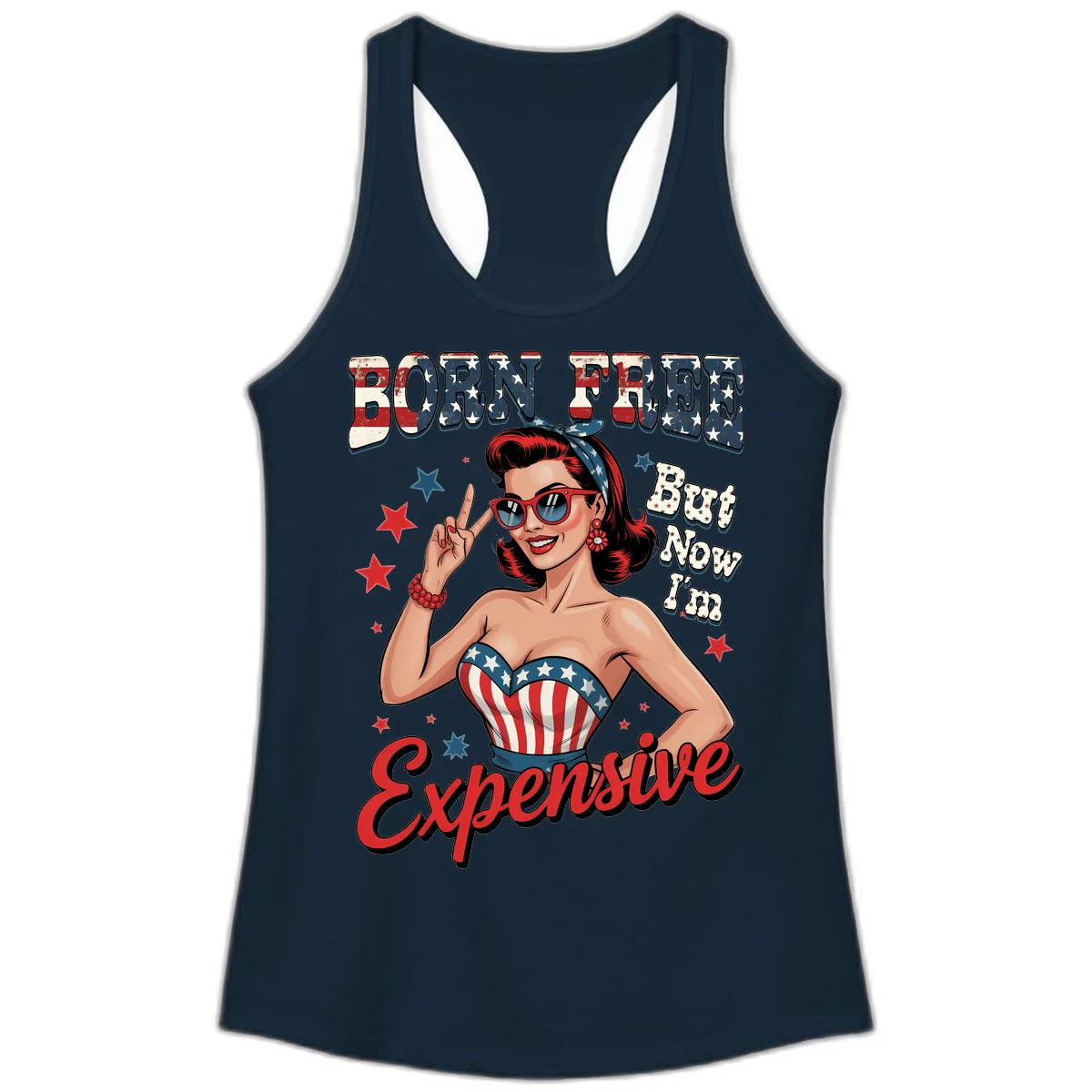 Born Free But Now I'm Expensive Ladies Tank in Solid Midnight Navy