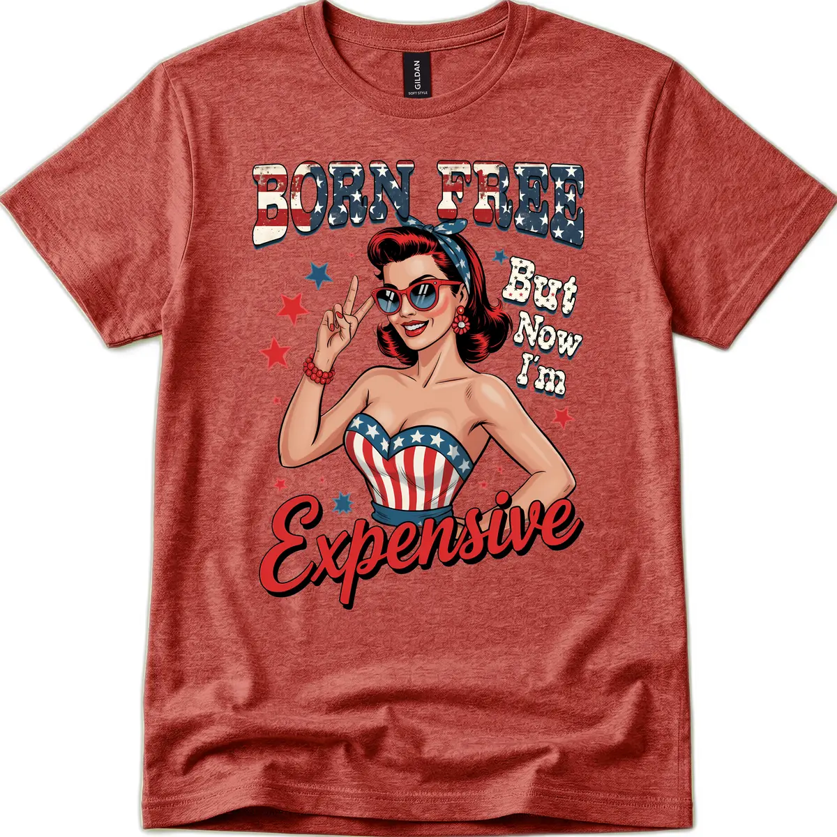 Born Free But Now I'm Expensive Pin-Up T-Shirt in Heather Cardinal