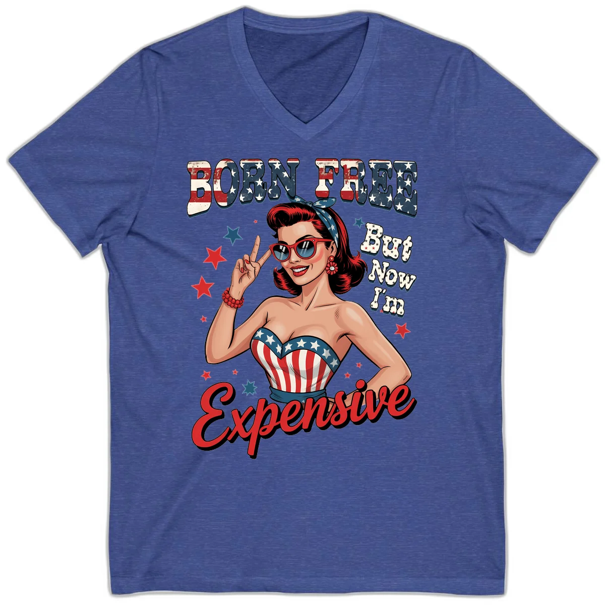 Born Free But Now I'm Expensive V-Neck in Heather True Royal