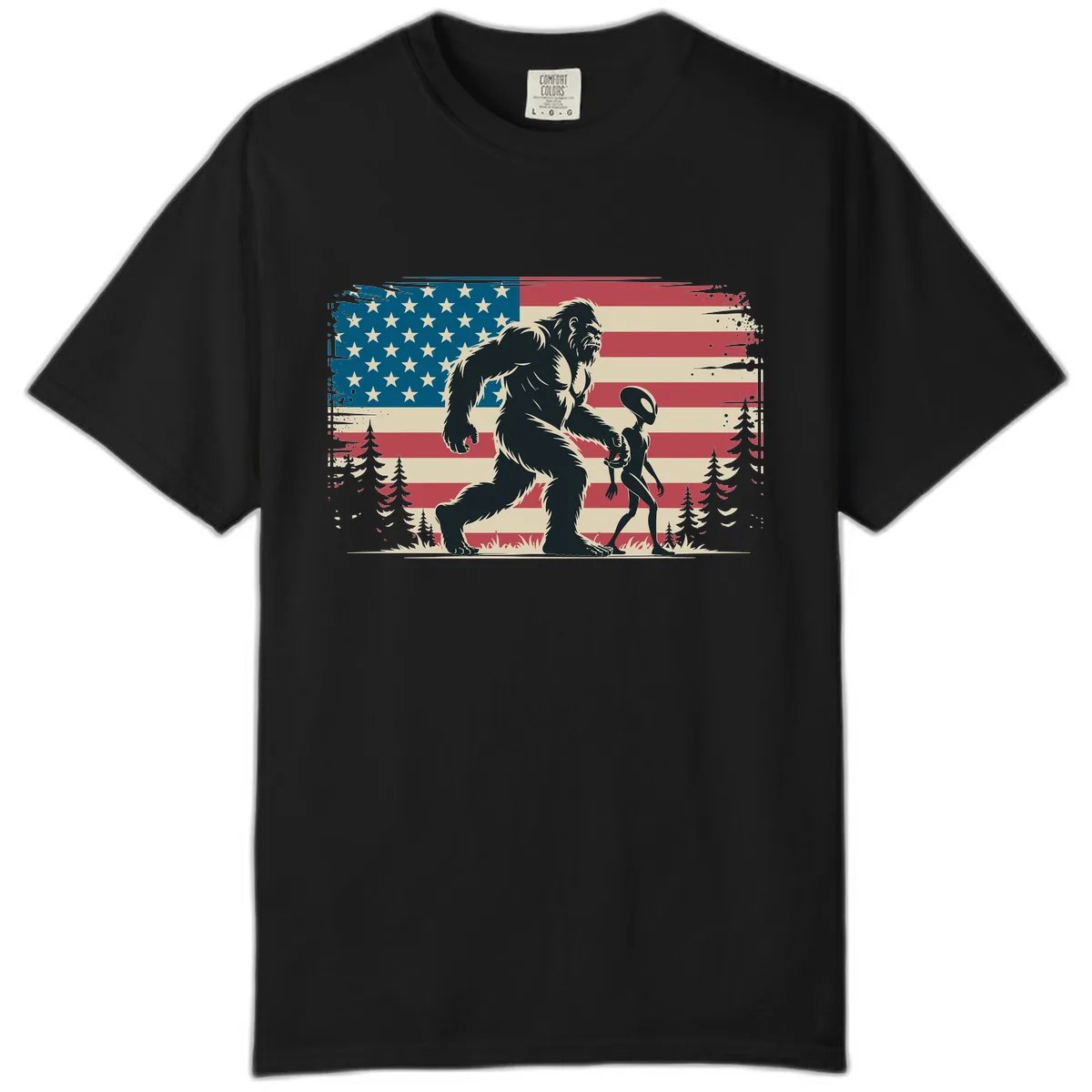 Bigfoot and Alien Stroll with American Flag Comfort Color in Black