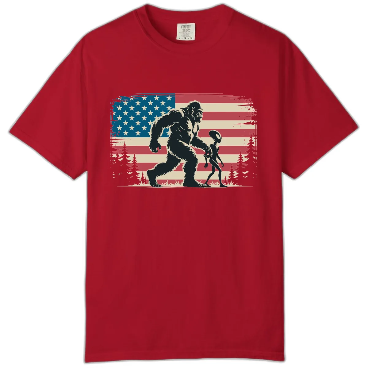 Bigfoot and Alien Stroll with American Flag Comfort Color in Red
