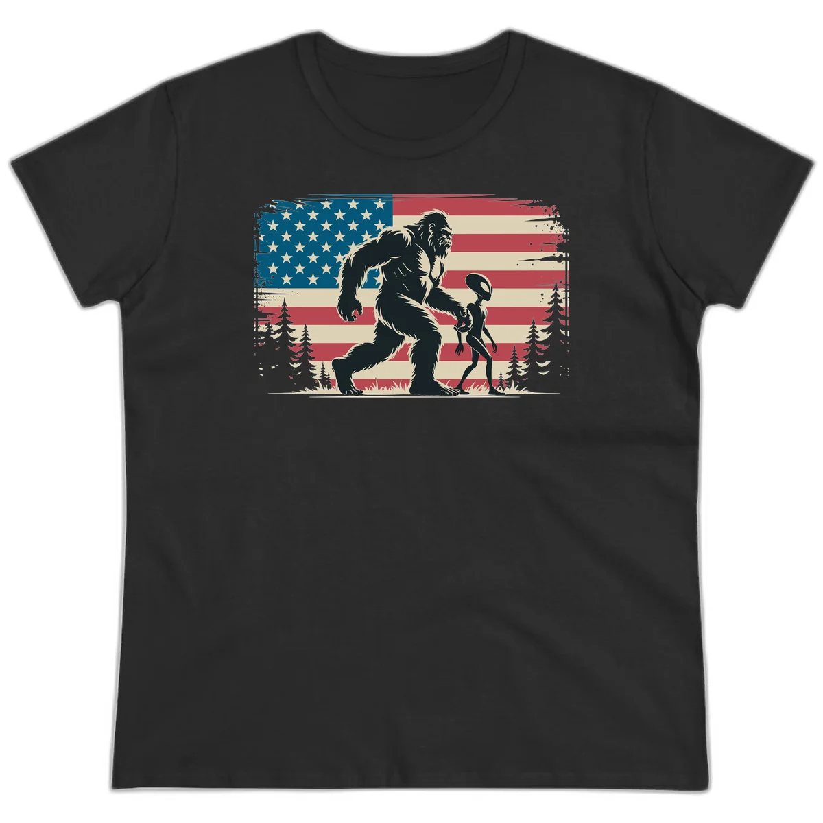 Bigfoot and Alien Stroll Ladies Tee in Black