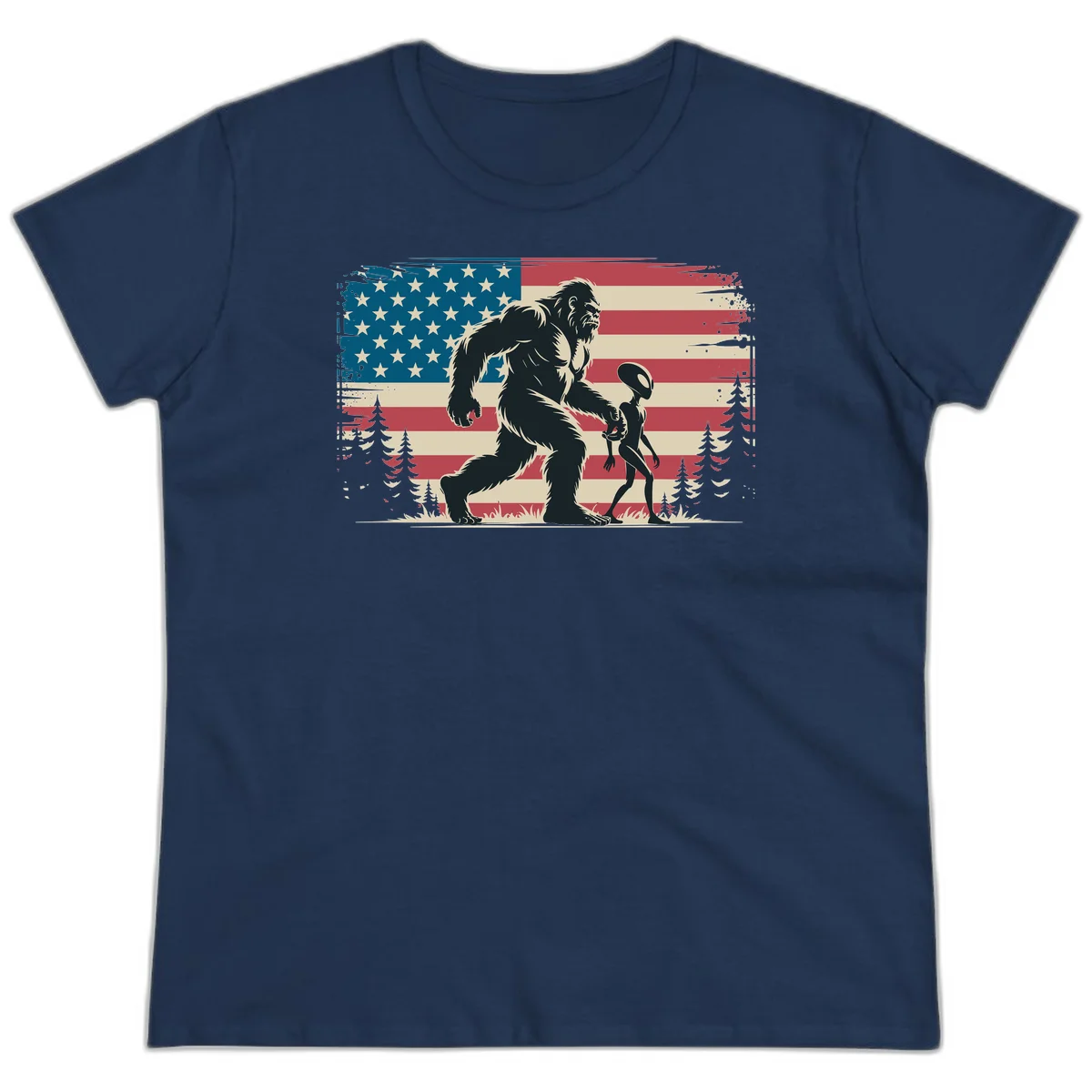 Bigfoot and Alien Stroll Ladies Tee in Navy