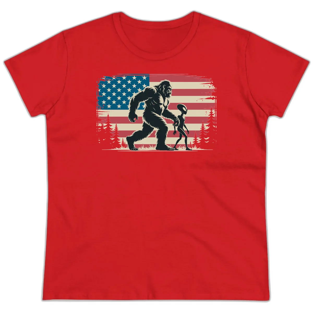 Bigfoot and Alien Stroll Ladies Tee in Red