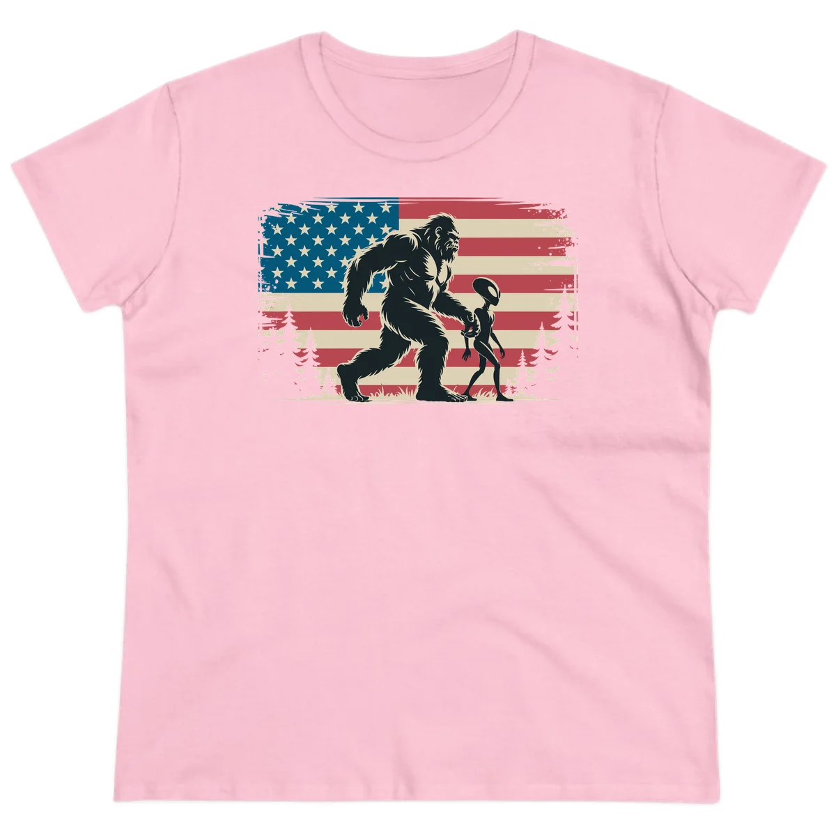 Bigfoot and Alien Stroll Ladies Tee in Light Pink