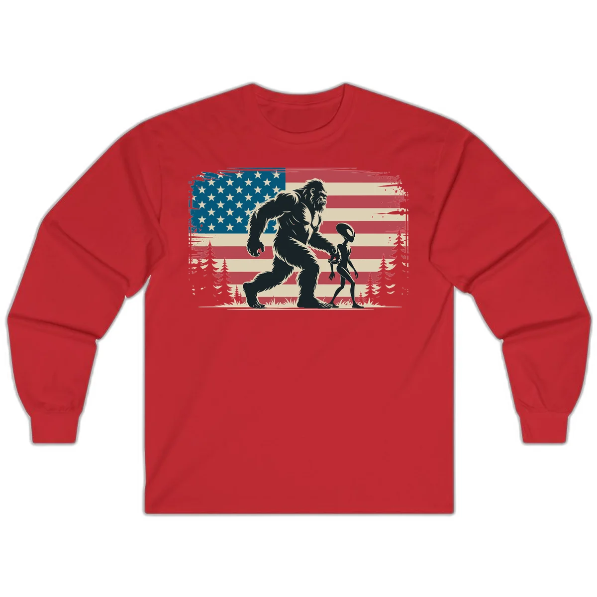 Bigfoot and Alien Stroll Long Sleeve in Red