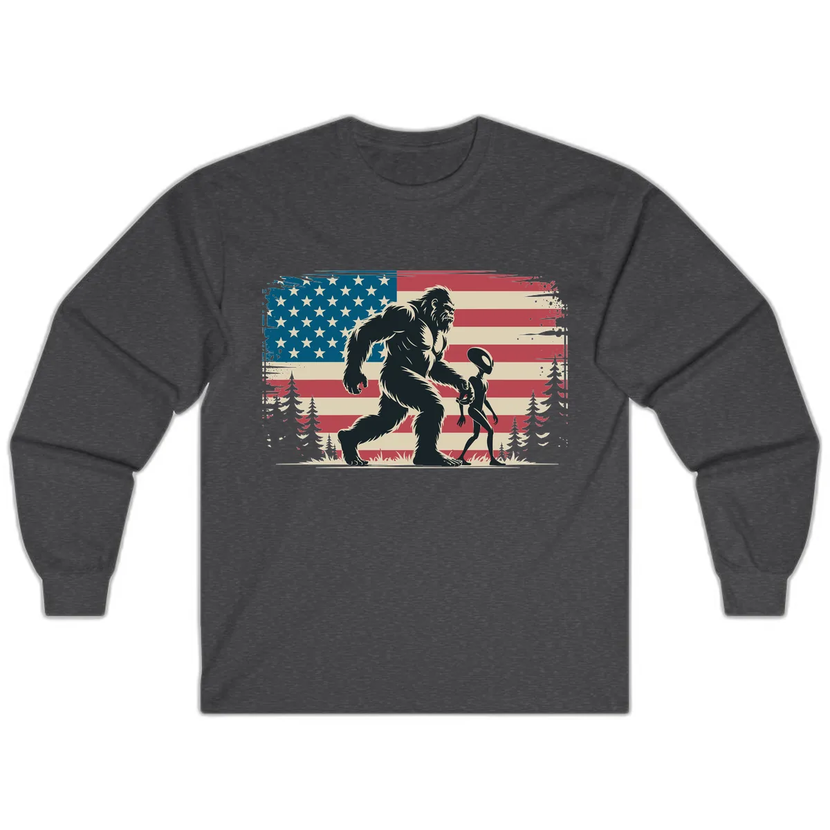Bigfoot and Alien Stroll with American Flag Long Sleeve in Dark Heather