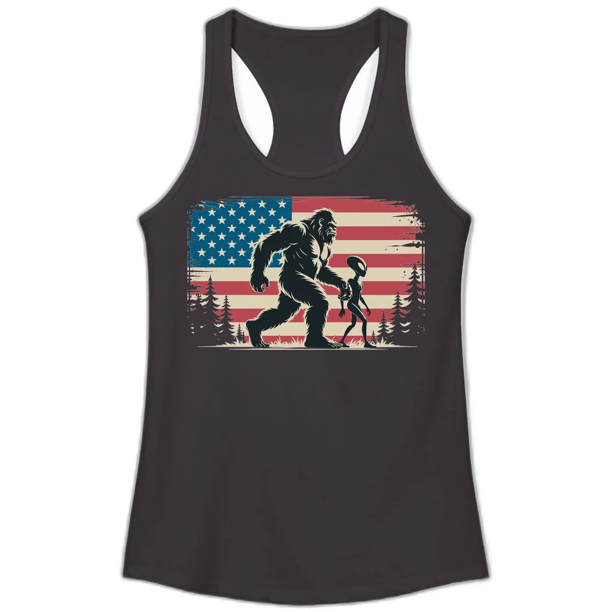 Bigfoot and Alien Stroll Ladies Tank in Black