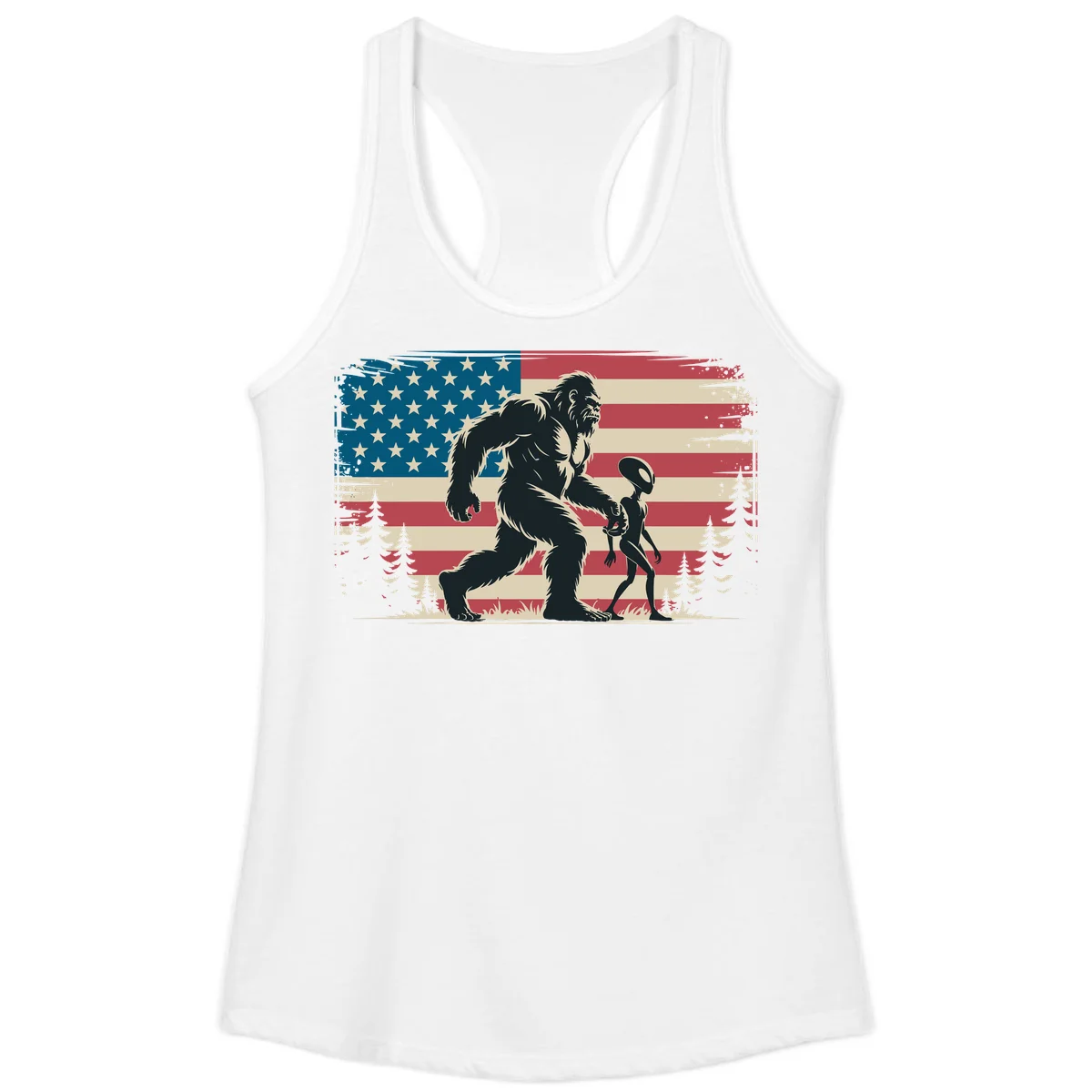 Bigfoot and Alien Stroll Ladies Tank in White