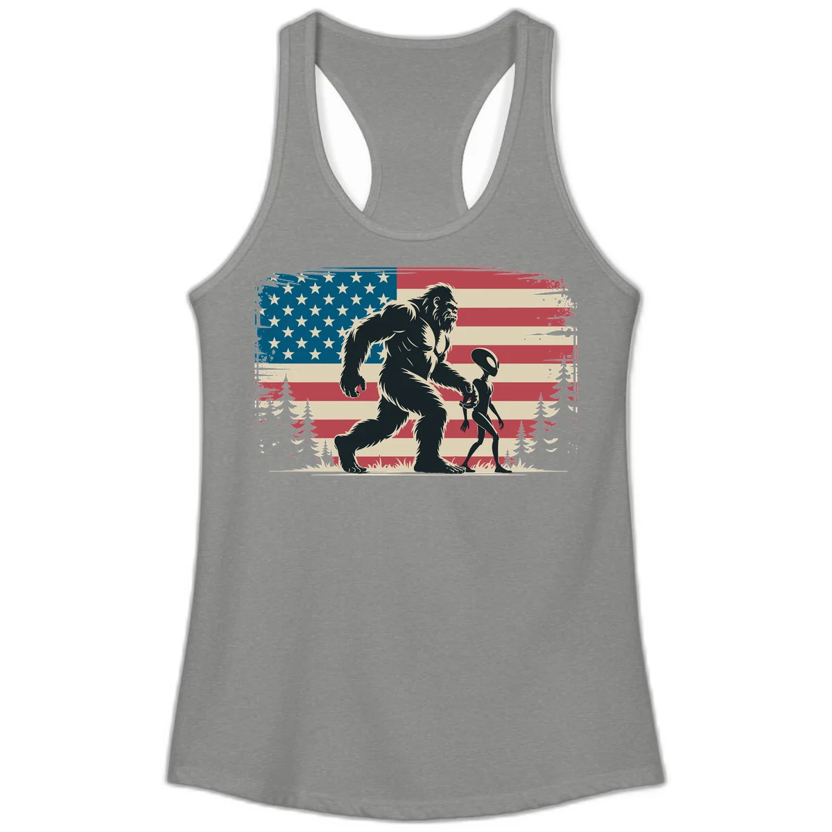 Bigfoot and Alien Stroll Ladies Tank in Heather Grey