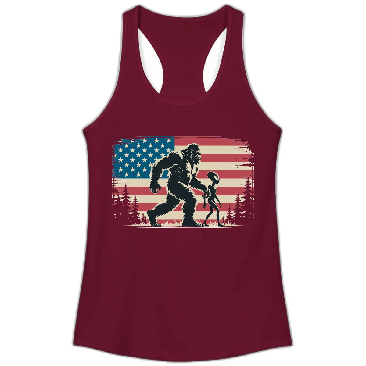 Bigfoot and Alien Stroll with American Flag Ladies Tank in Solid Cardinal Red