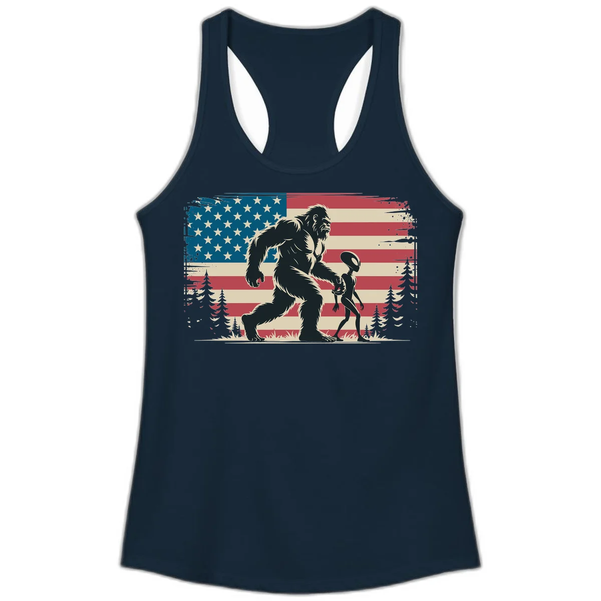 Bigfoot and Alien Stroll Ladies Tank in Solid Midnight Navy