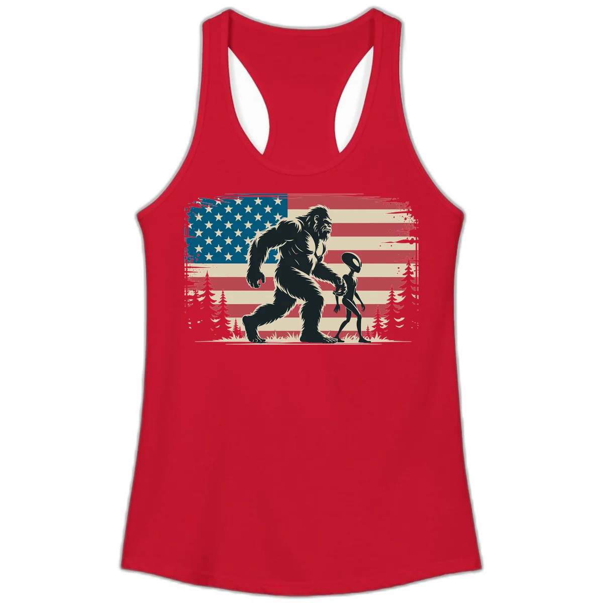 Bigfoot and Alien Stroll Ladies Tank in Solid Red
