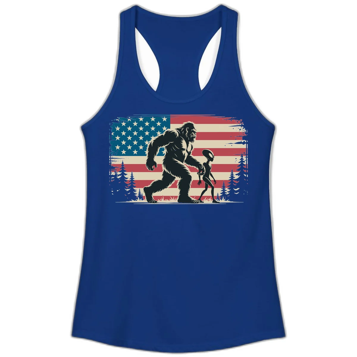 Bigfoot and Alien Stroll Ladies Tank in Solid Royal