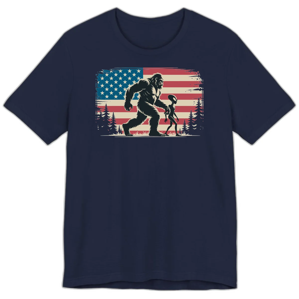 Bigfoot and Alien Stroll Premium T-Shirt in Navy