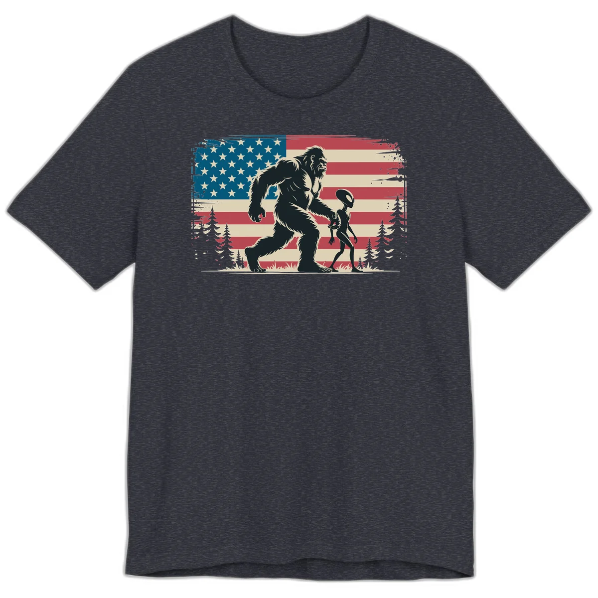 Bigfoot and Alien Stroll Premium T-Shirt in Heather Navy