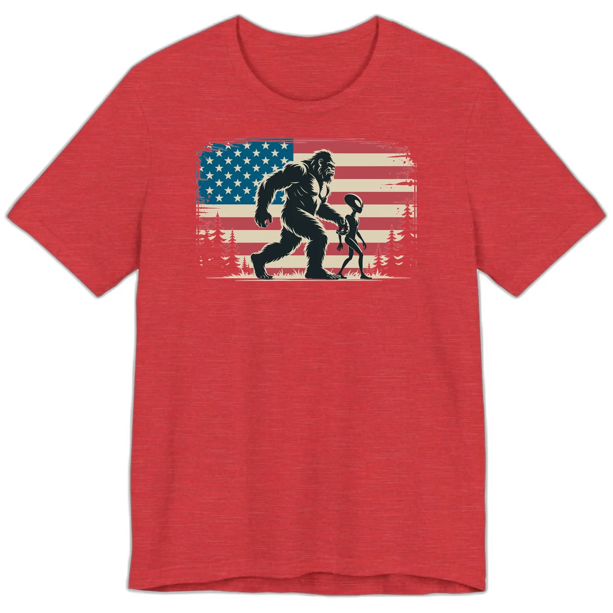 Bigfoot and Alien Stroll Premium T-Shirt in Heather Red
