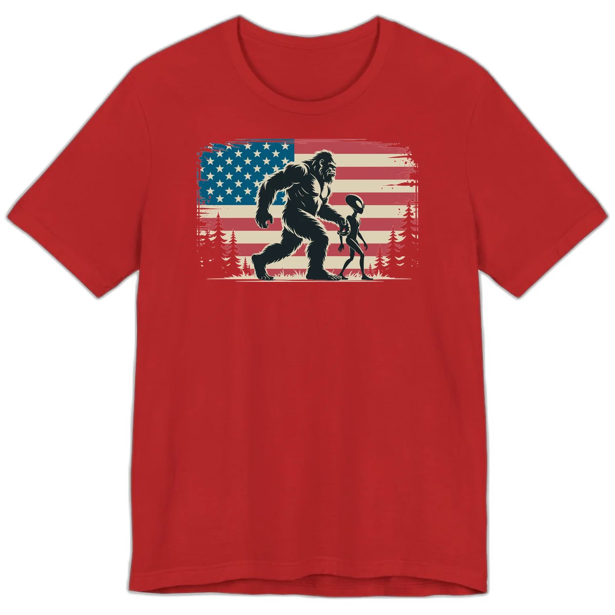 Bigfoot and Alien Stroll Premium T-Shirt in Red