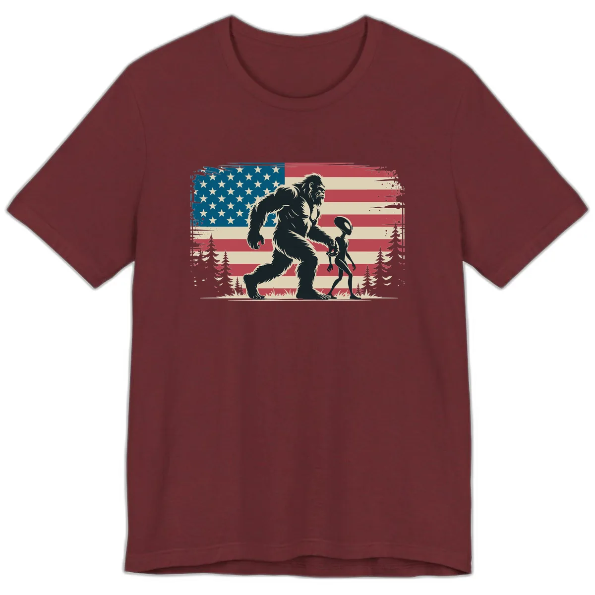 Bigfoot and Alien Stroll with American Flag Premium T-Shirt in Heather Cardinal