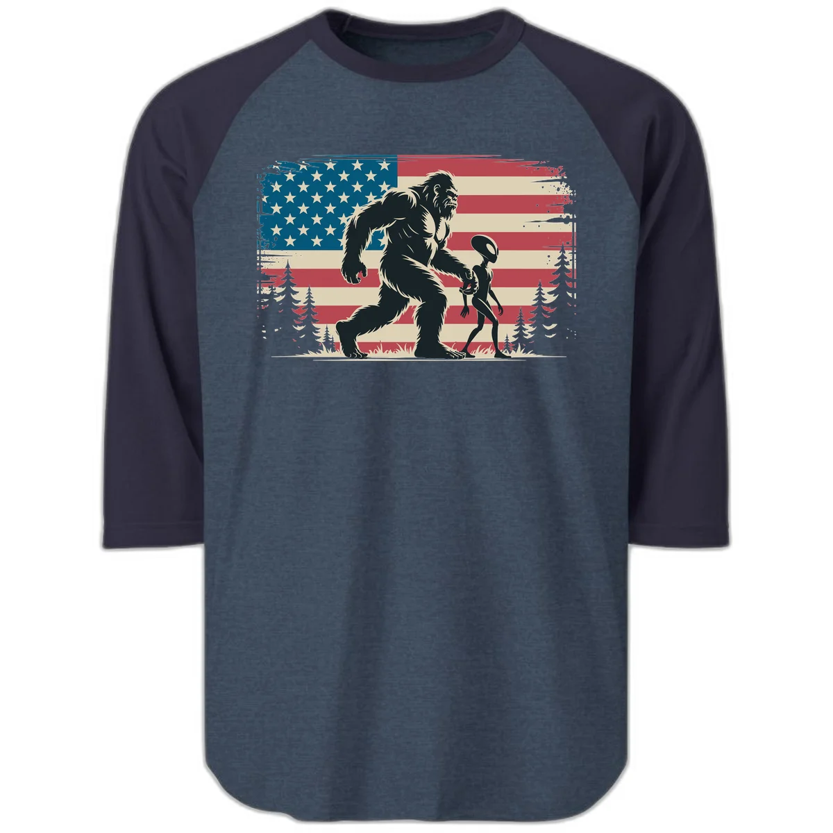 Bigfoot and Alien Stroll Raglan 3/4 in Heather Denim Navy