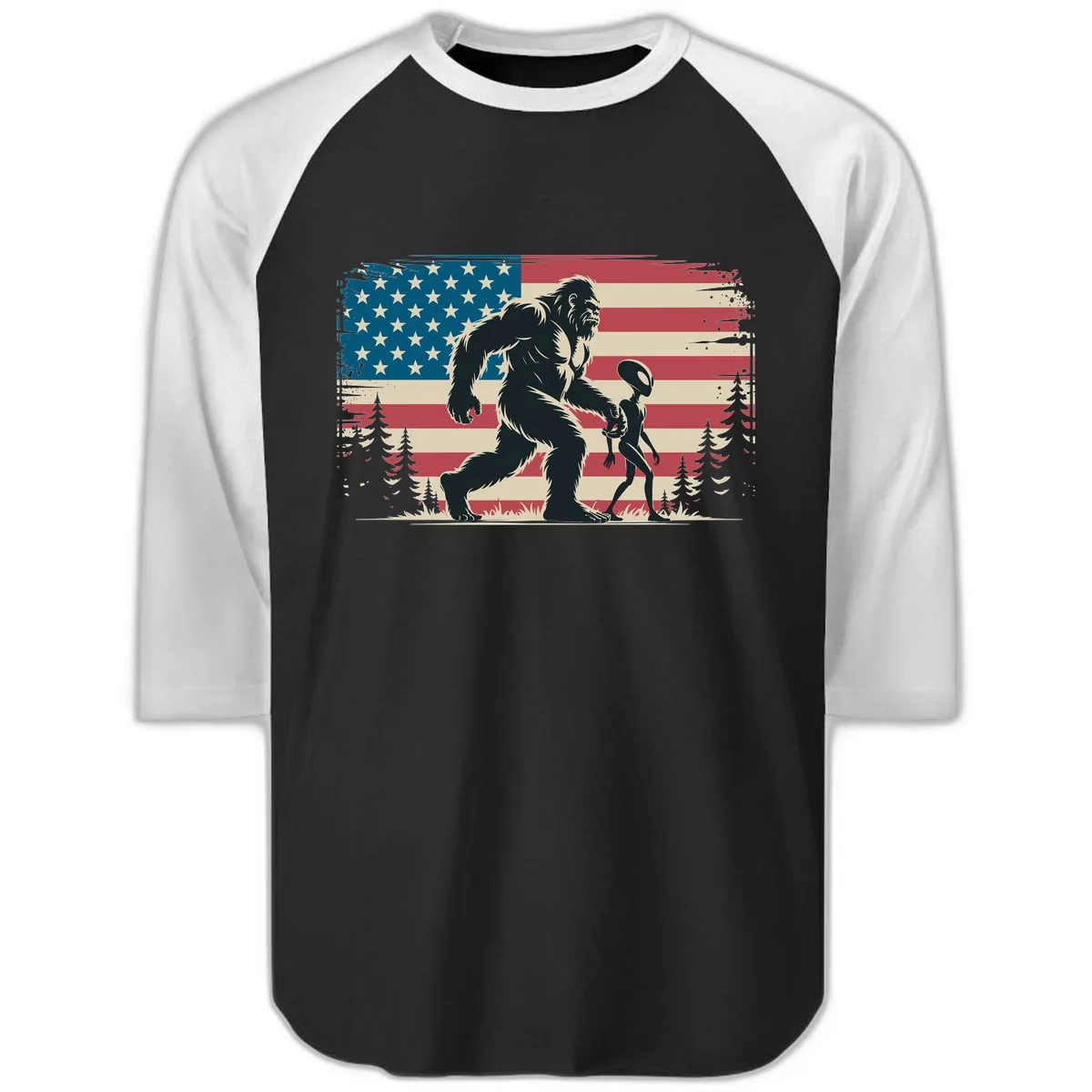 Bigfoot and Alien Stroll with American Flag Raglan 3/4 in Black White