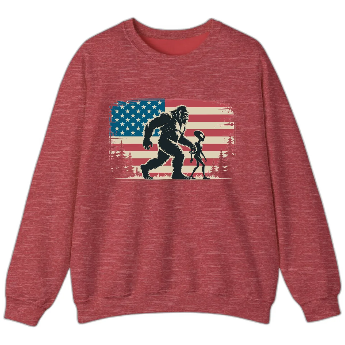 Bigfoot and Alien Stroll with American Flag Sweatshirt in Heather Scarlet Red