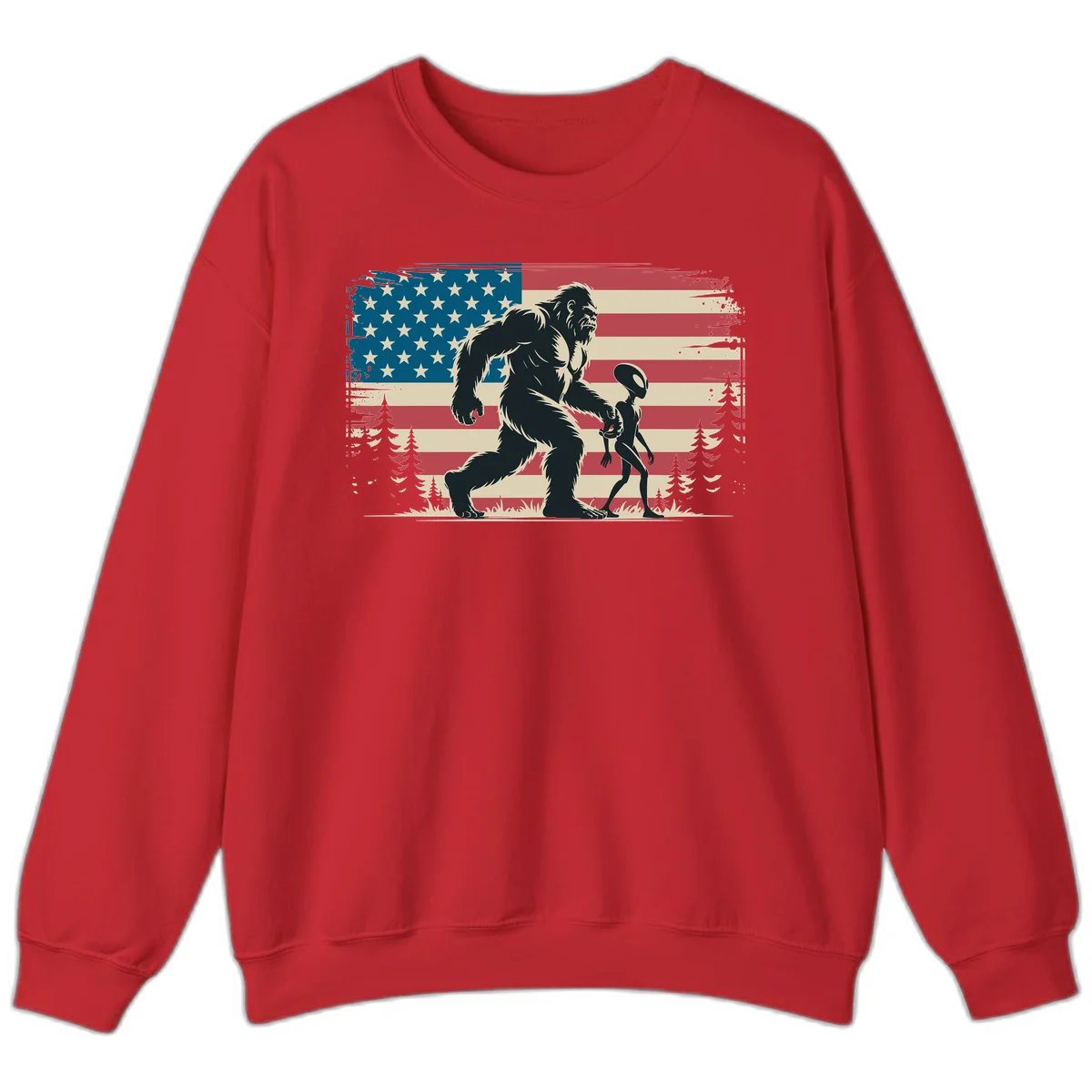 Bigfoot and Alien Stroll Sweatshirt in Red