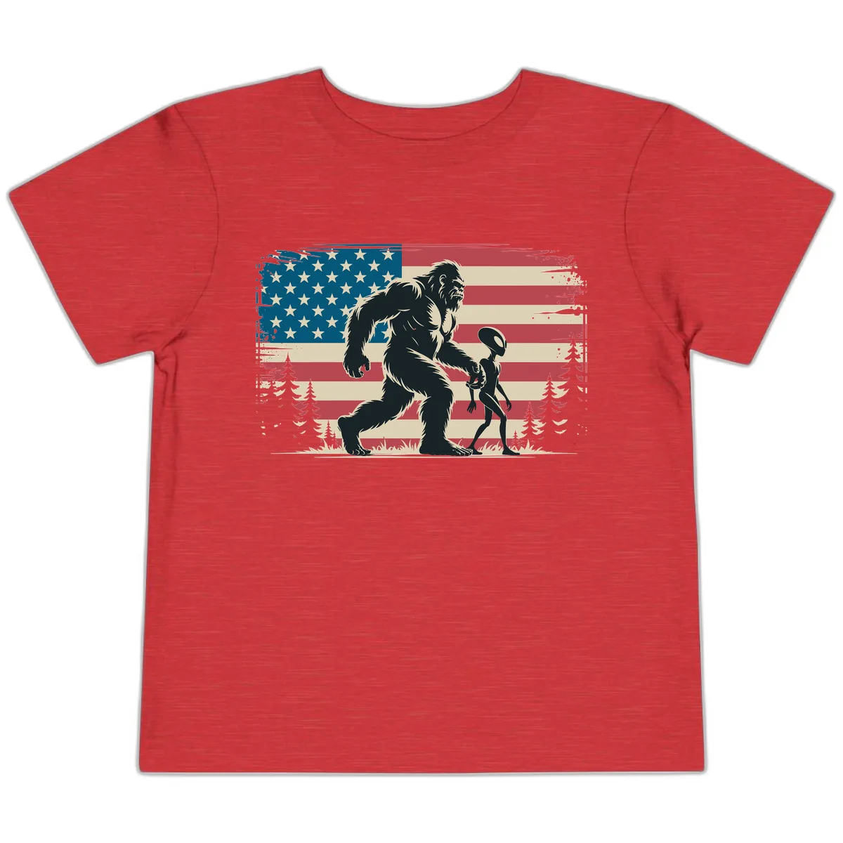 Bigfoot and Alien Stroll with American Flag Toddler T-Shirt in Heather Red
