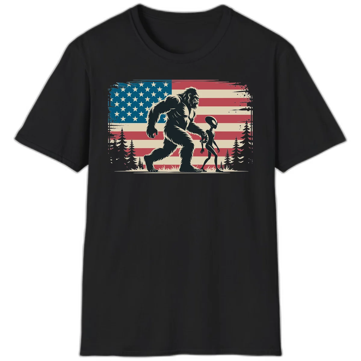 Bigfoot and Alien Stroll T-Shirt in Black
