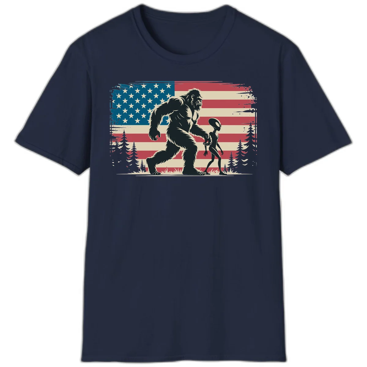 Bigfoot and Alien Stroll T-Shirt in Navy