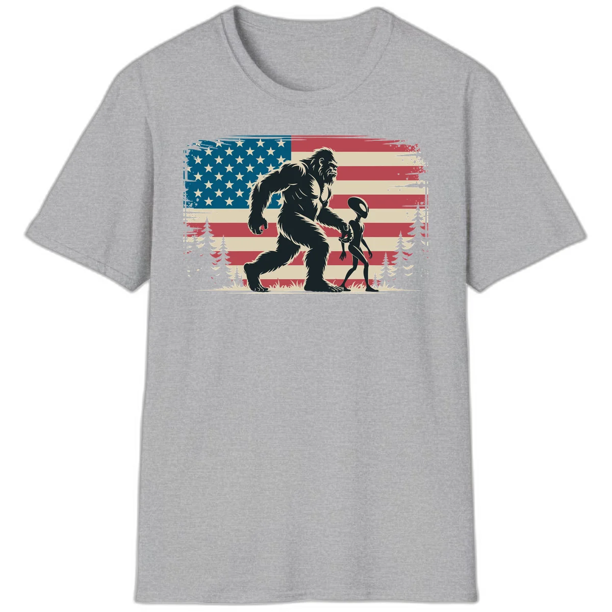 Bigfoot and Alien Stroll T-Shirt in Sport Grey