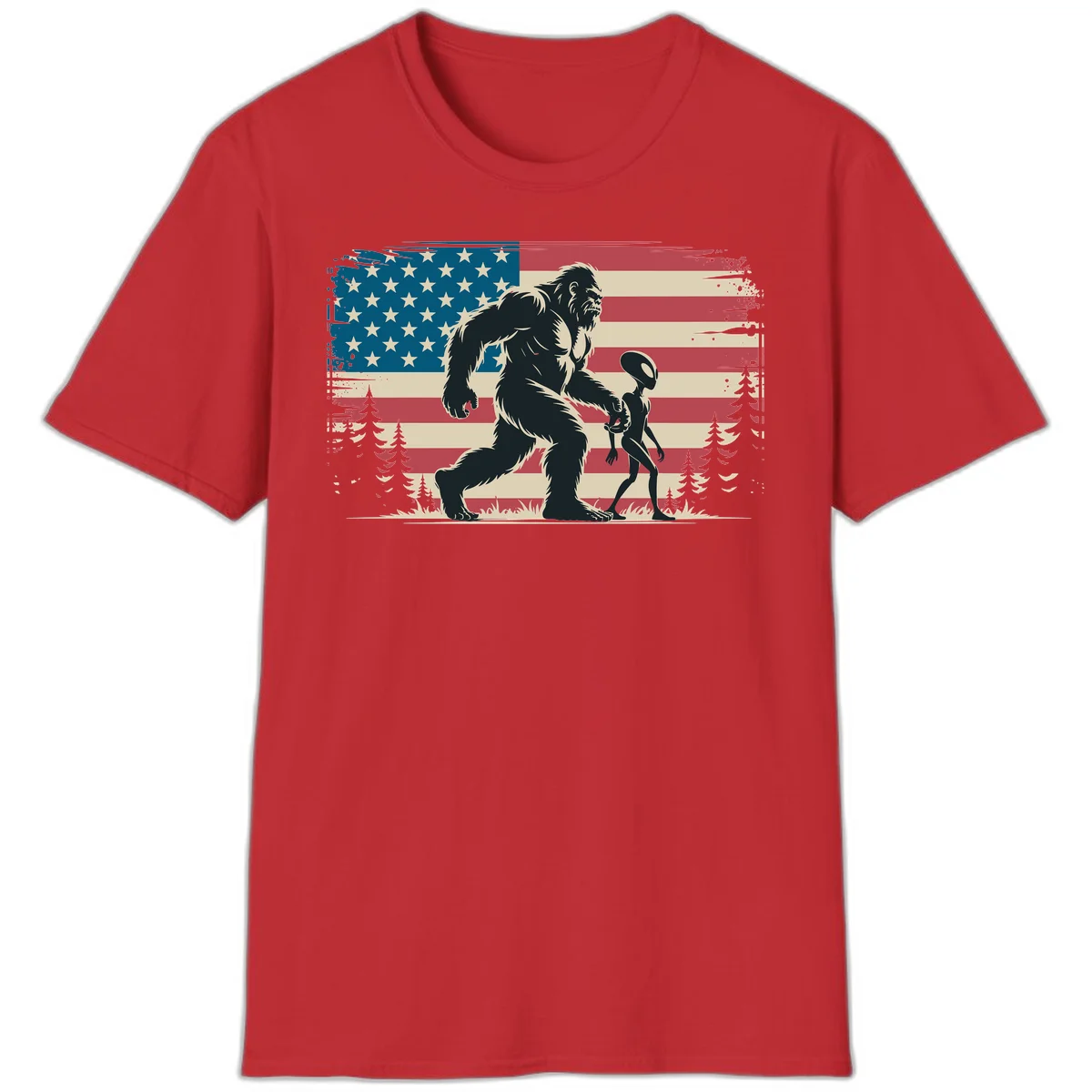 Bigfoot and Alien Stroll T-Shirt in Red