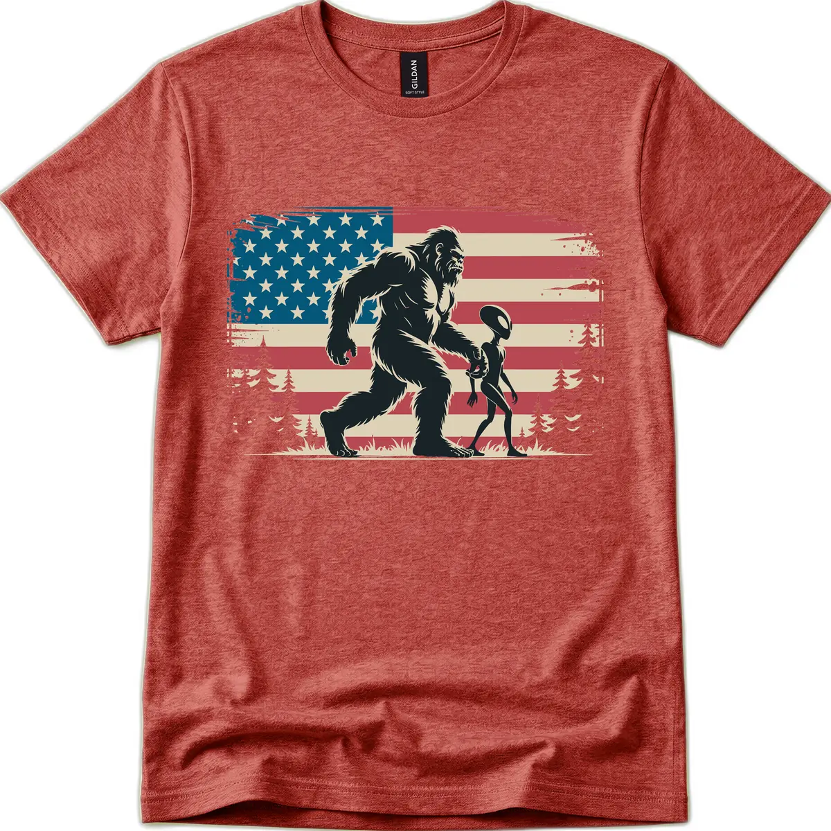 Bigfoot and Alien Stroll with American Flag T-Shirt in Heather Cardinal