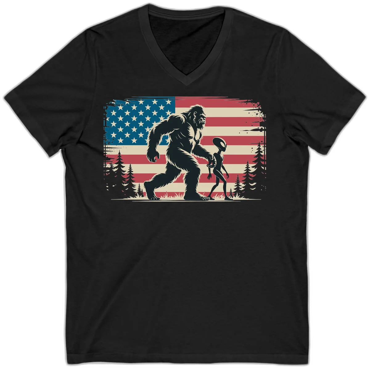 Bigfoot and Alien Stroll V-Neck in Black